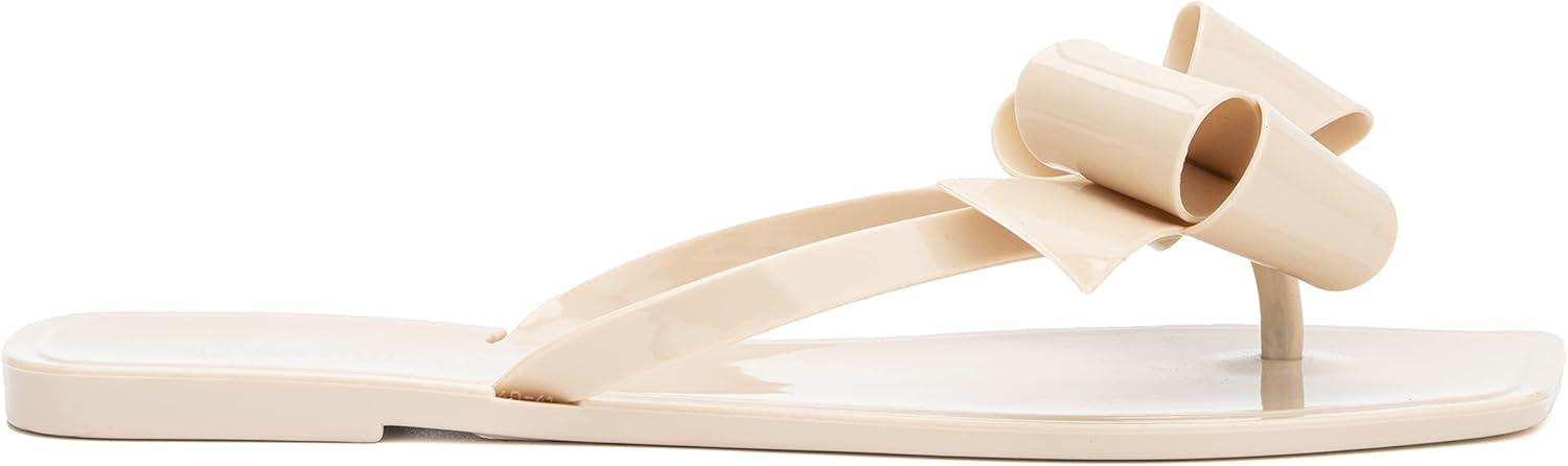 imageOlivia Miller Womens Fashion Ladies Shoes PVC Jelly w Bow amp Thong Flip Flops Style Slip On Open Toe Trendy Casual Summer Geli Slide Flat Sandals