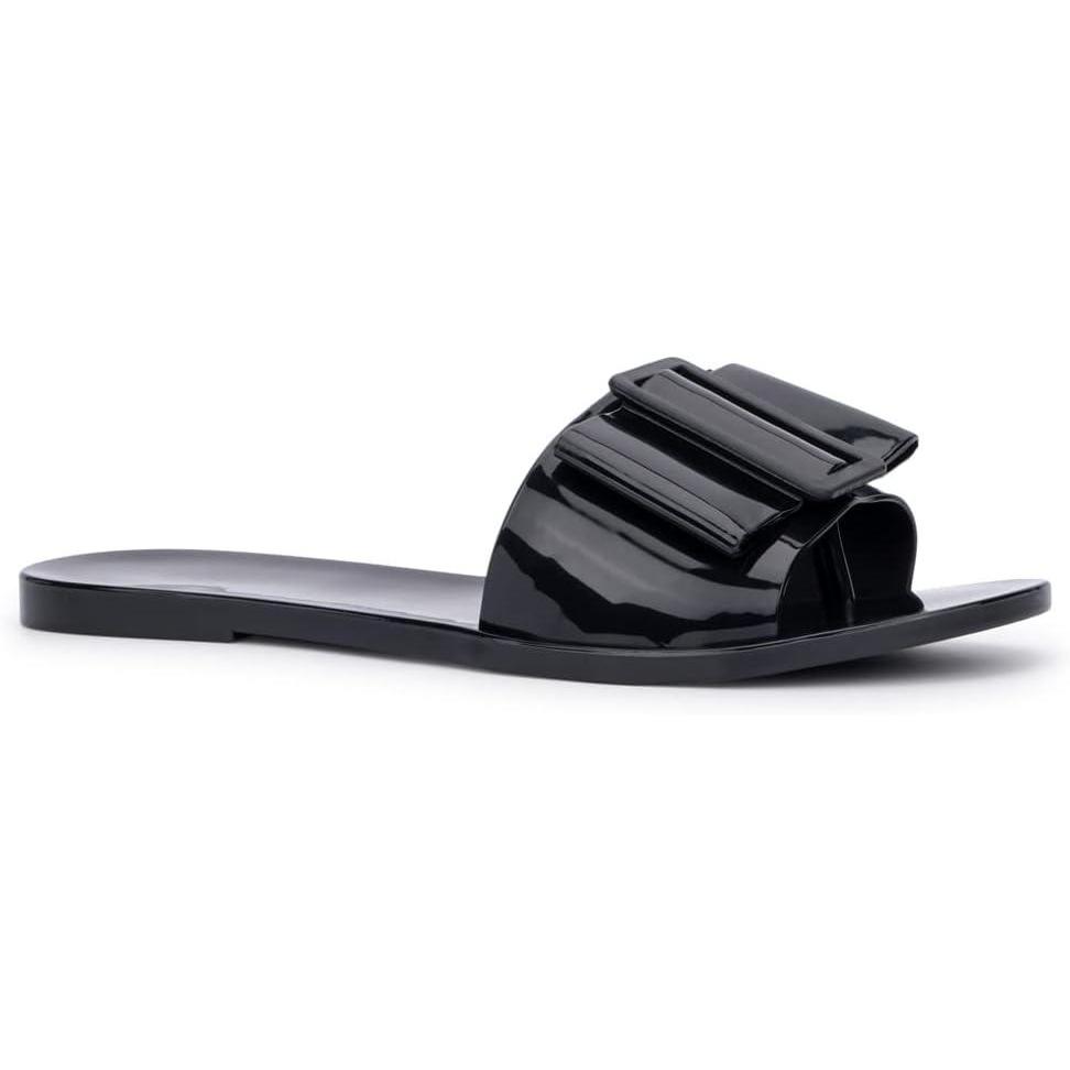 imageOlivia Miller Womens Fashion Ladies Shoes PVC Jelly w Bow Buckle Wide Strap Single Band Slip On Open Toe Trendy Casual Summer Geli Slide Flat Sandals