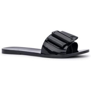Olivia Miller Women’s Fashion Ladies Shoes, PVC Jelly w Bow Buckle Wide Strap Single Band Slip On Open Toe Trendy Casual Summer Geli Slide Flat Sandals