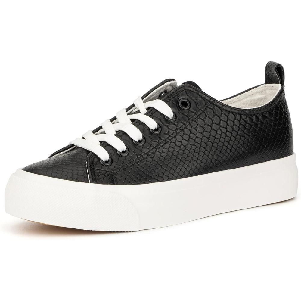 imageOlivia Miller Womens Fashion Shoes Crocodile PU Vegan Leather Rubber Sole Lace Up Slip On Round Toe Casual Classic Comfortable Low Top Flat Fashion Sneakers