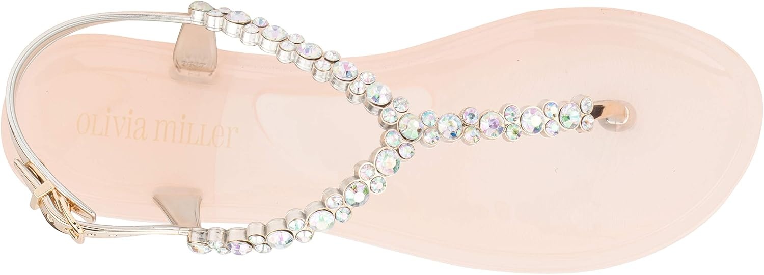 image:imageOlivia Miller Womens Fashion Ladies Shoes Moulin PVC Jelly w Embellished Rhinestones amp Adjustable Thong T Strap Slip On Open Toe Trendy Casual Summer Geli Slide Flat Sandals
