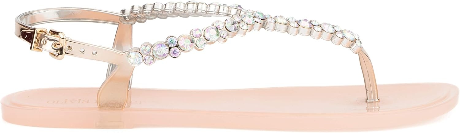 image:imageOlivia Miller Womens Fashion Ladies Shoes Moulin PVC Jelly w Embellished Rhinestones amp Adjustable Thong T Strap Slip On Open Toe Trendy Casual Summer Geli Slide Flat Sandals