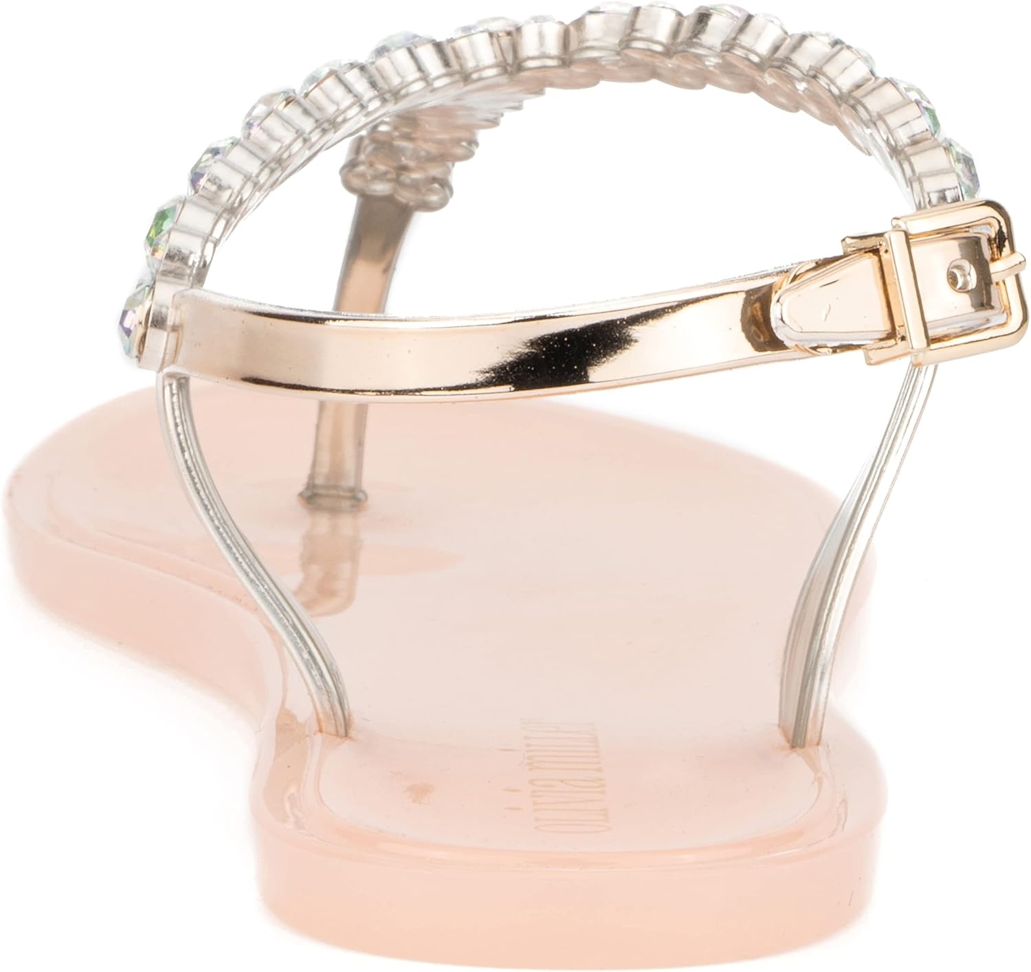 image:imageOlivia Miller Womens Fashion Ladies Shoes Moulin PVC Jelly w Embellished Rhinestones amp Adjustable Thong T Strap Slip On Open Toe Trendy Casual Summer Geli Slide Flat Sandals