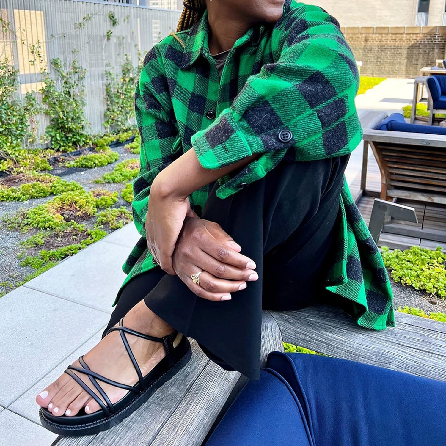 image:imageOlivia Miller Womens Fashion Ladies Shoes PVC w Criss Cross Strappy Straps n Elastic Back Strap Slip On Open Toe Trendy Casual Summer Slide Flat Sandals