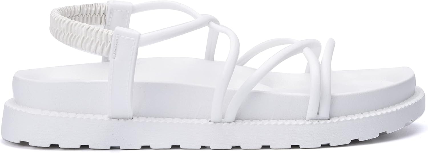 image:imageOlivia Miller Womens Fashion Ladies Shoes PVC w Criss Cross Strappy Straps n Elastic Back Strap Slip On Open Toe Trendy Casual Summer Slide Flat Sandals