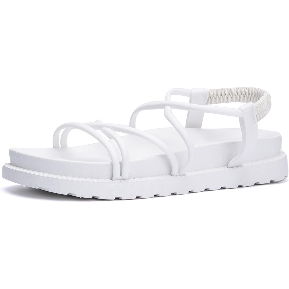 image:imageOlivia Miller Womens Fashion Ladies Shoes PVC w Criss Cross Strappy Straps n Elastic Back Strap Slip On Open Toe Trendy Casual Summer Slide Flat Sandals