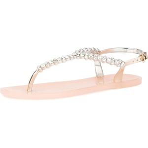 Olivia Miller Women’s Fashion Ladies Shoes, Moulin PVC Jelly w Embellished Rhinestones & Adjustable Thong T Strap Slip On Open Toe Trendy Casual Summer Geli Slide Flat Sandals