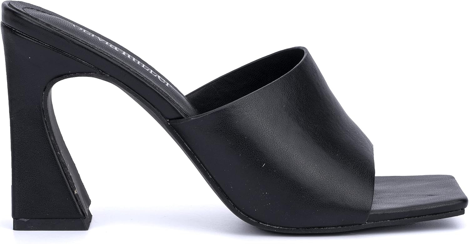 image:imageOlivia Miller Womens Fashion Ladies Shoes PU Vegan Leather Trendy Party Single Open Square Toe Strap Mule Slide On 35 Inch Mid High Block Fashion Heel SandalsBlack