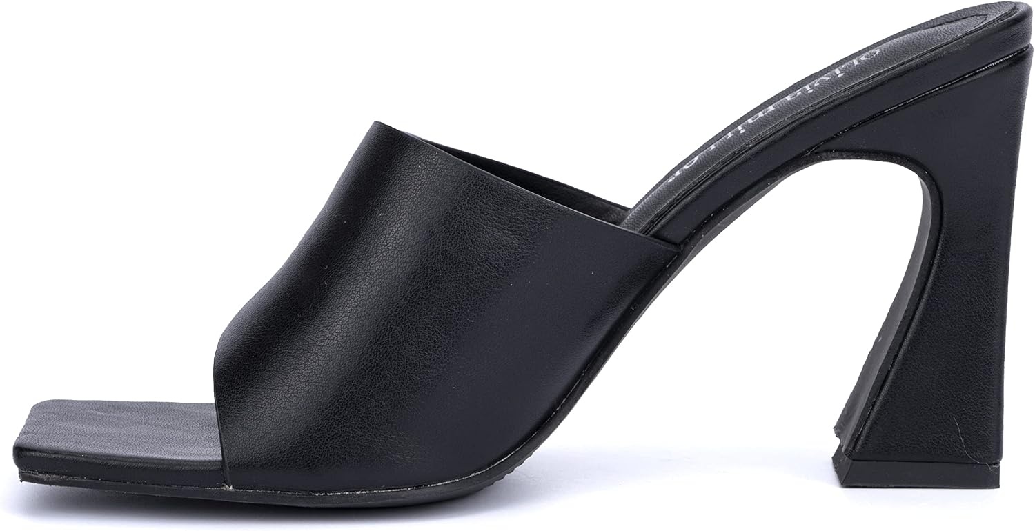 image:imageOlivia Miller Womens Fashion Ladies Shoes PU Vegan Leather Trendy Party Single Open Square Toe Strap Mule Slide On 35 Inch Mid High Block Fashion Heel SandalsBlack