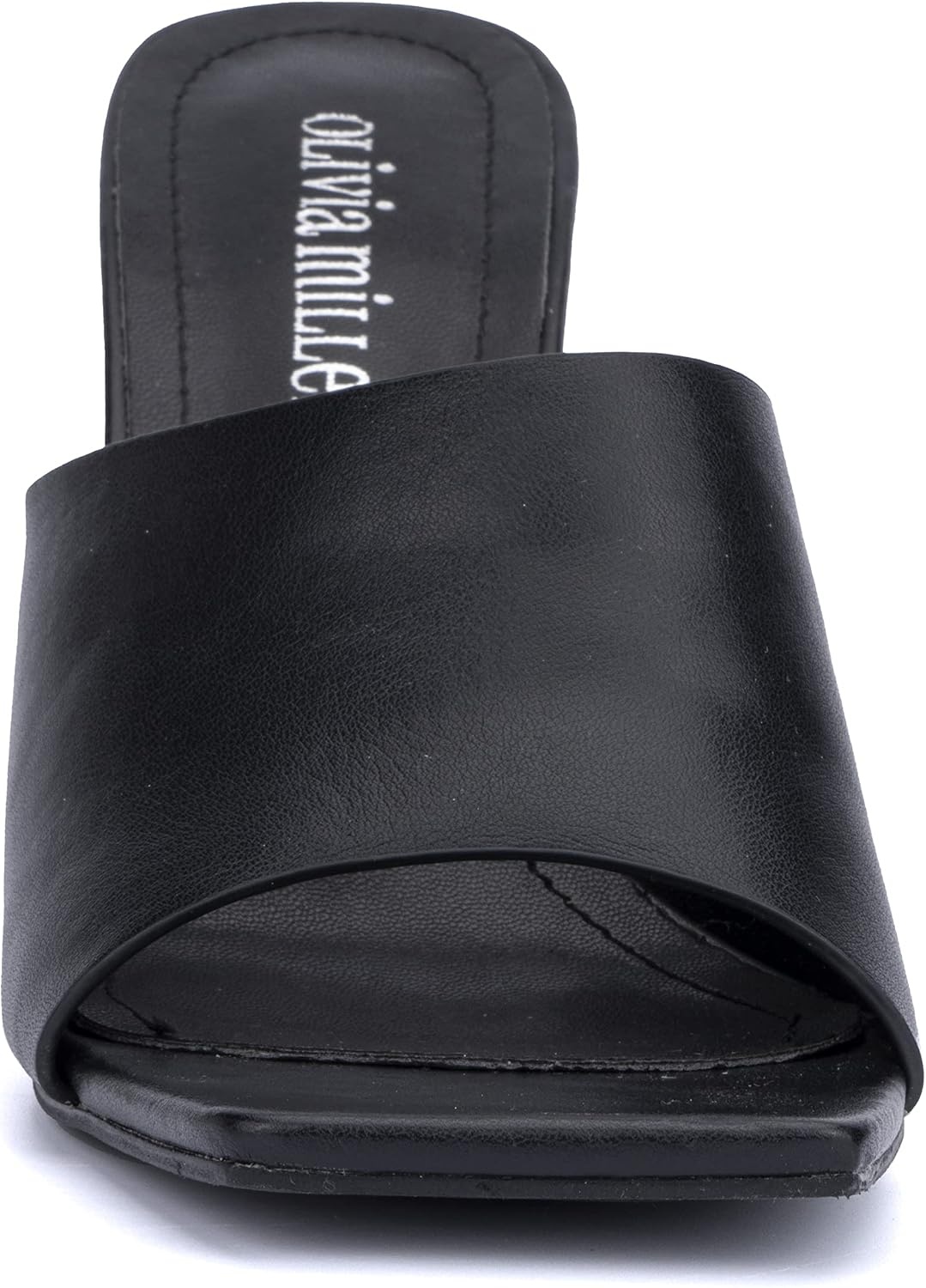 image:imageOlivia Miller Womens Fashion Ladies Shoes PU Vegan Leather Trendy Party Single Open Square Toe Strap Mule Slide On 35 Inch Mid High Block Fashion Heel SandalsBlack