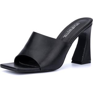 Olivia Miller Women’s Fashion Ladies Shoes, PU Vegan Leather Trendy Party Single Open Square Toe Strap Mule, Slide On 3.5 Inch Mid High Block Fashion Heel Sandals(Black)