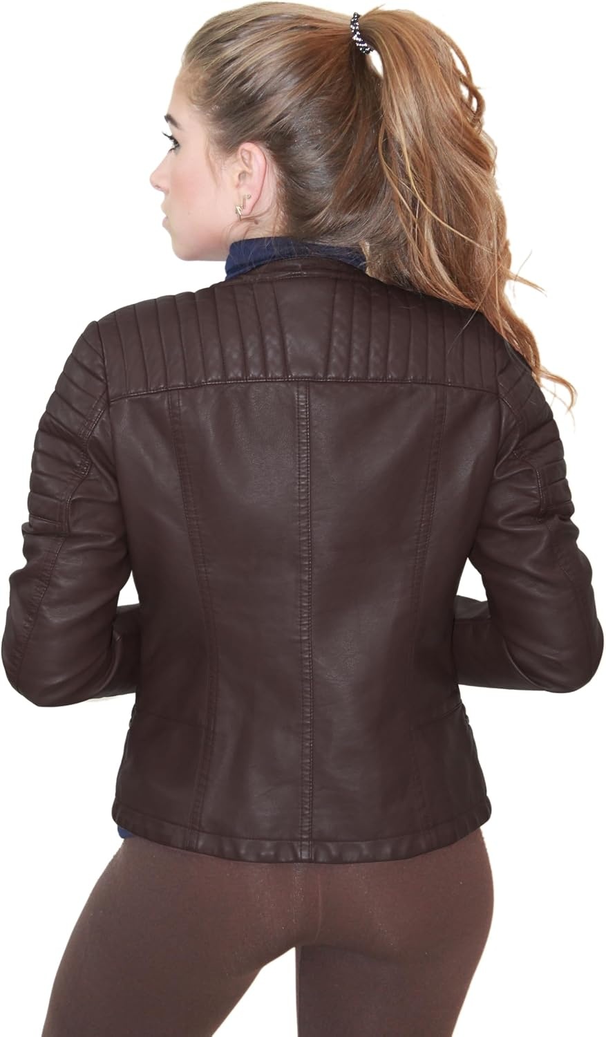 image:imageOlivia Miller Womens Faux Leather Moto Jacket Zipup closure faux leather material biker moto style slim fit suitable for casual wear and outingsBrown