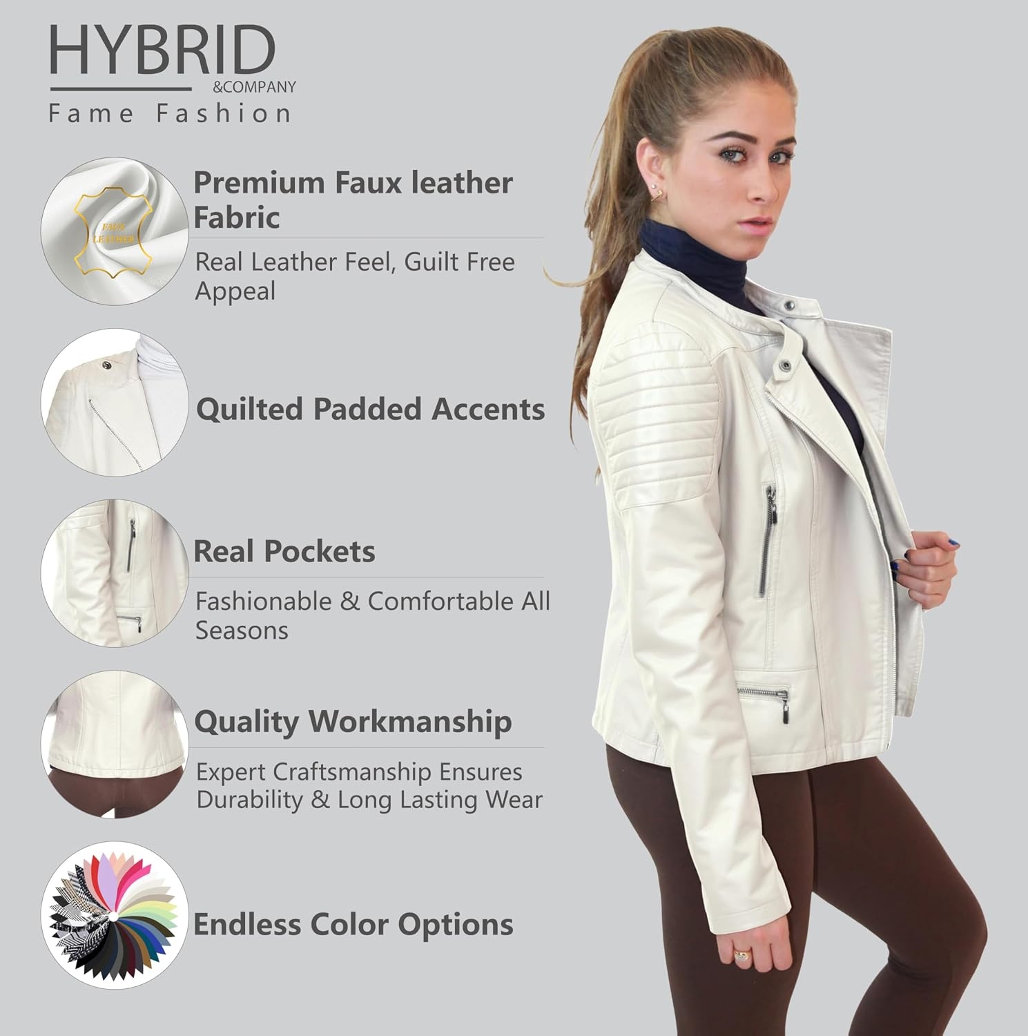 image:imageOlivia Miller Womens Faux Leather Moto Jacket Zipup closure faux leather material biker moto style slim fit suitable for casual wear and outingsIvory