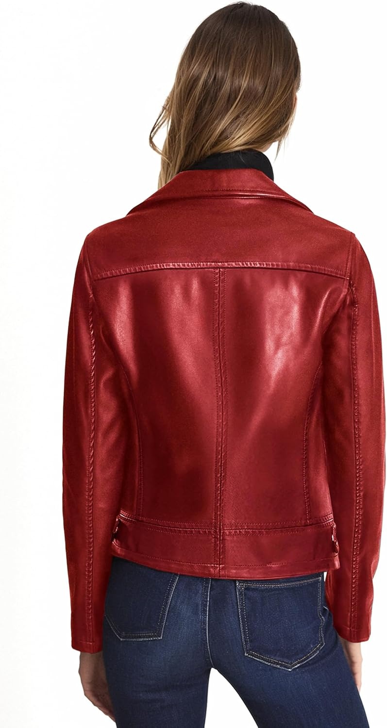 image:imageOlivia Miller Womens Faux Leather Moto Jacket Zipup closure faux leather material biker moto style slim fit suitable for casual wear and outingsJk5208red