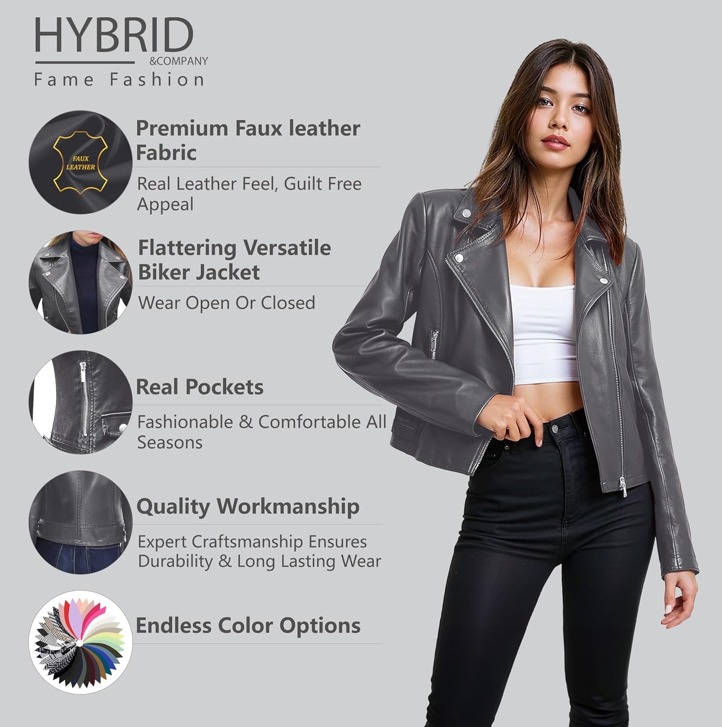 image:imageOlivia Miller Womens Faux Leather Moto Jacket Zipup closure faux leather material biker moto style slim fit suitable for casual wear and outingsJk5208gray