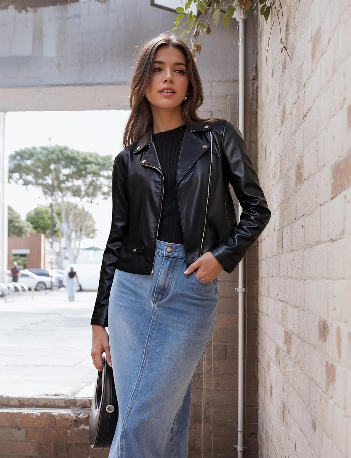 image:imageOlivia Miller Womens Faux Leather Moto Jacket Zipup closure faux leather material biker moto style slim fit suitable for casual wear and outingsJk5208black
