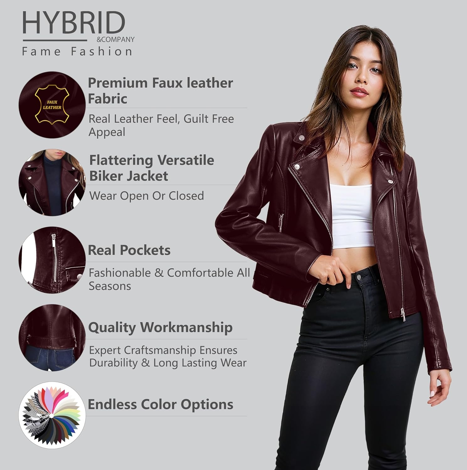 image:imageOlivia Miller Womens Faux Leather Moto Jacket Zipup closure faux leather material biker moto style slim fit suitable for casual wear and outingsJk5208burgundy