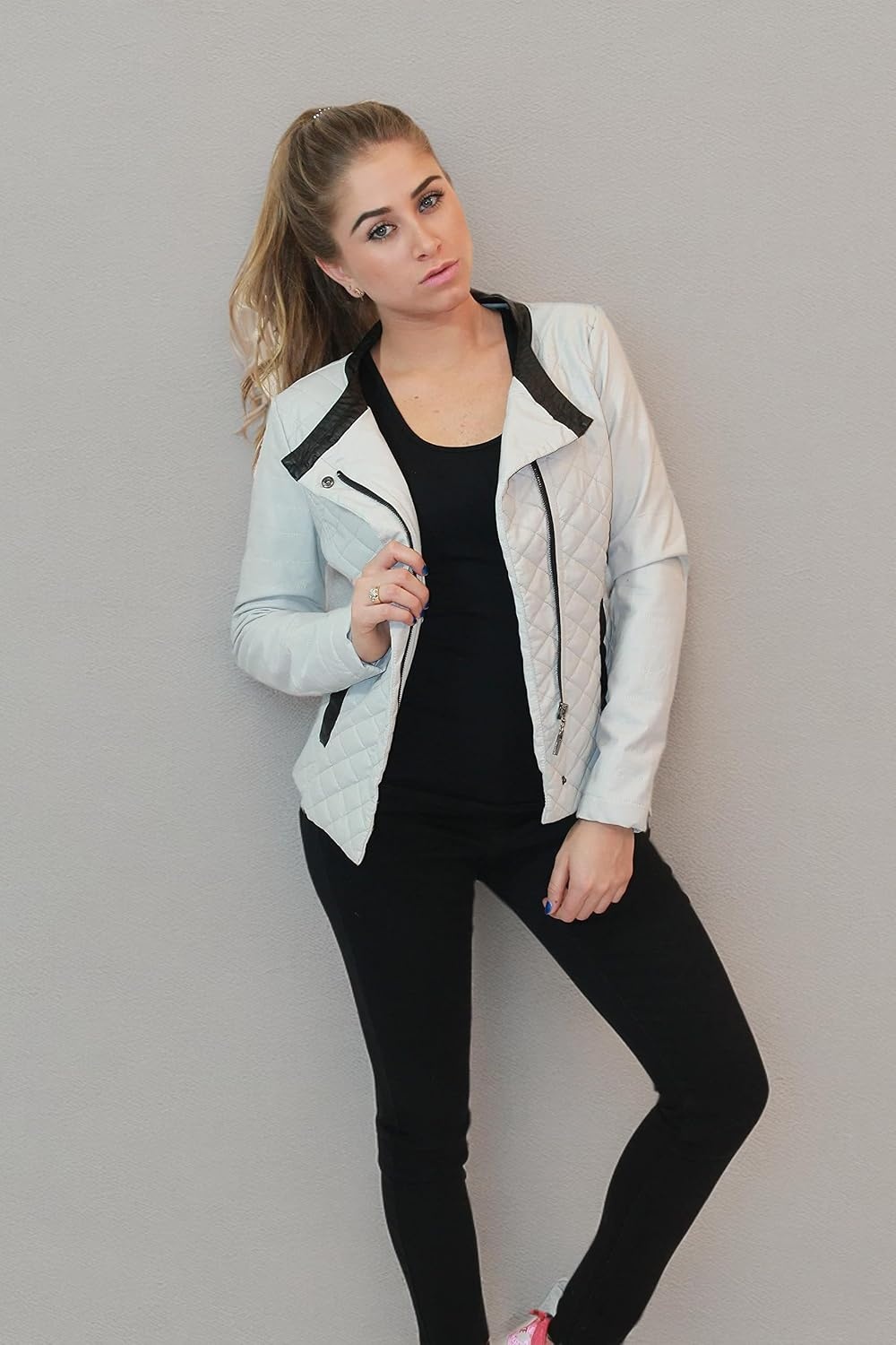 image:imageOlivia Miller Womens Faux Leather Moto Jacket Zipup closure faux leather material biker moto style slim fit suitable for casual wear and outingsOffwhite