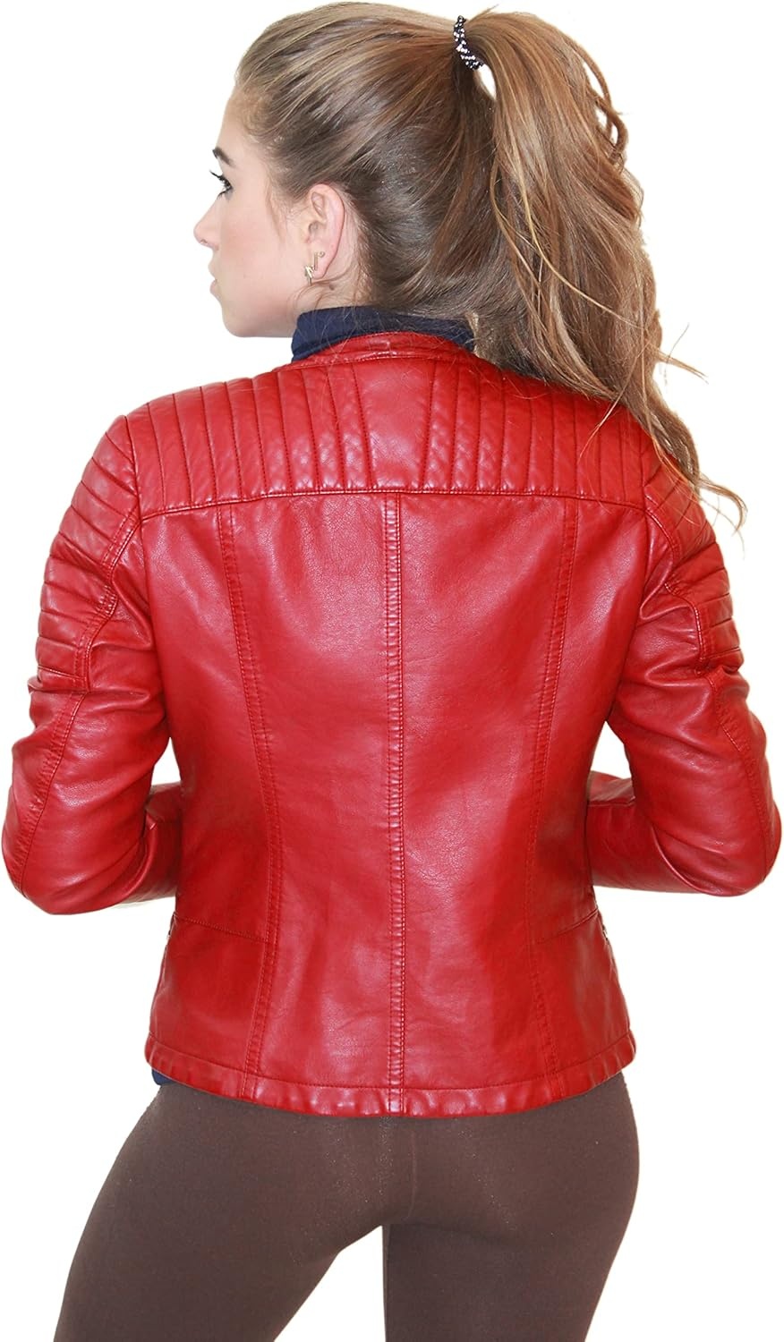image:imageOlivia Miller Womens Faux Leather Moto Jacket Zipup closure faux leather material biker moto style slim fit suitable for casual wear and outingsRed