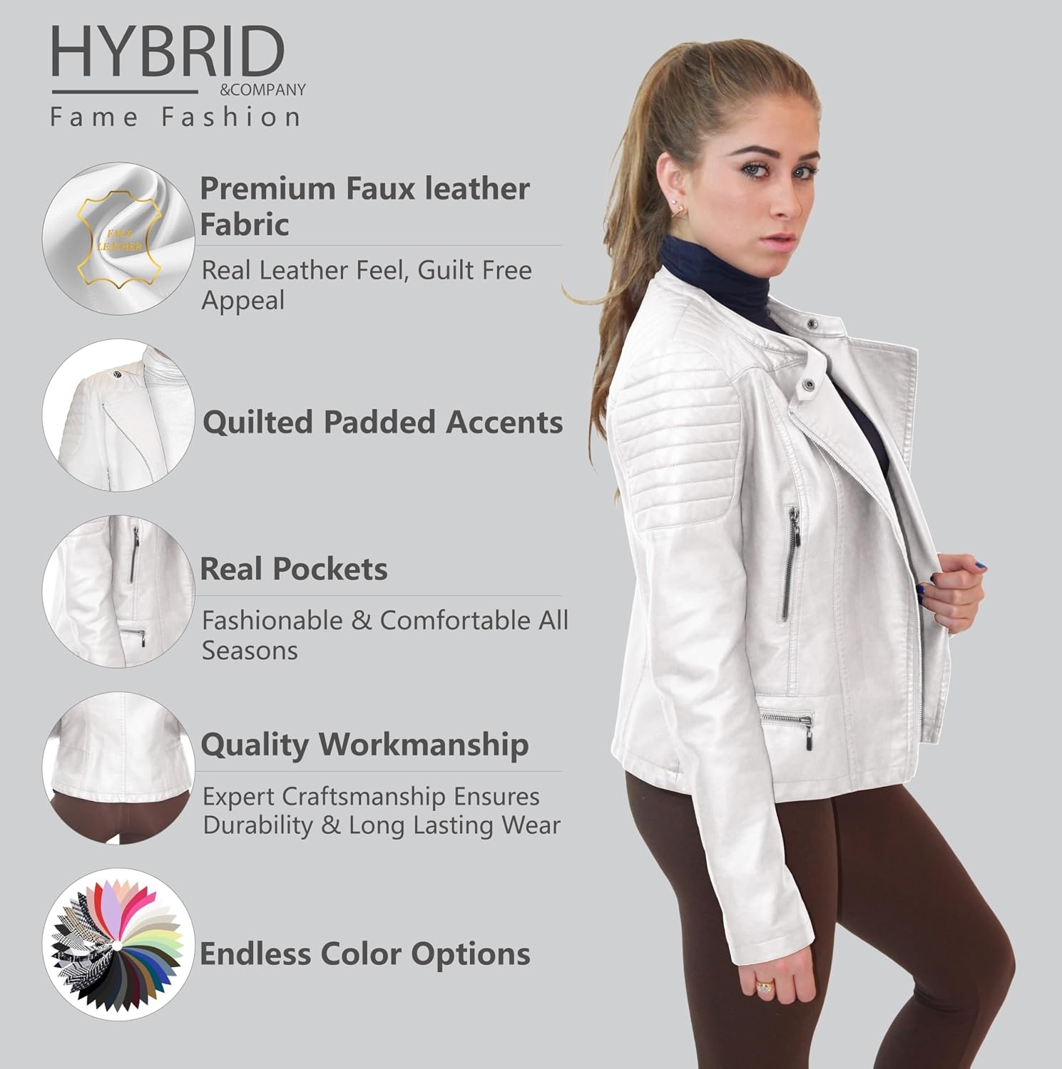 image:imageOlivia Miller Womens Faux Leather Moto Jacket Zipup closure faux leather material biker moto style slim fit suitable for casual wear and outingsWhite