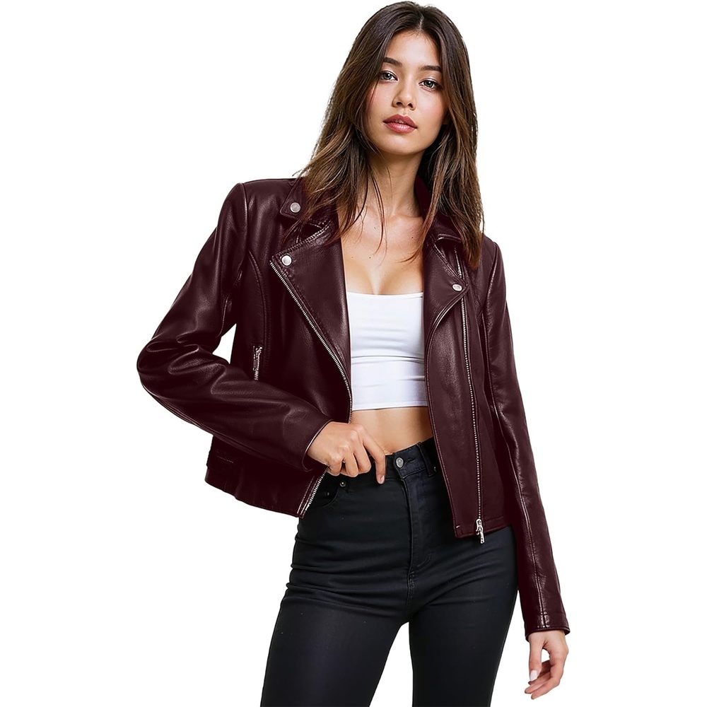 image:imageOlivia Miller Womens Faux Leather Moto Jacket Zipup closure faux leather material biker moto style slim fit suitable for casual wear and outingsJk5208burgundy