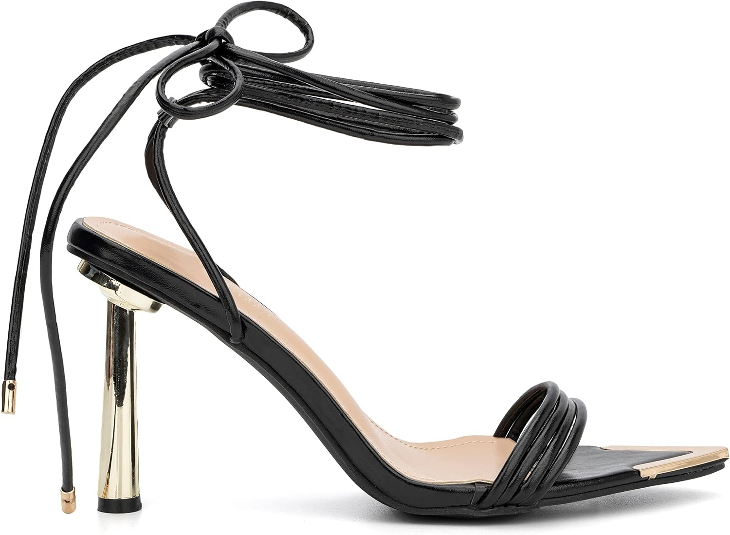image:imageOlivia Miller Womens Fashion Ladies Shoes PU Vegan Leather w Ankle Lace Up Strap Trendy Party Single Strap Open Pointed Tip Toe Stiletto Slide On 4 Inch High Mid Heel SandalsBlack