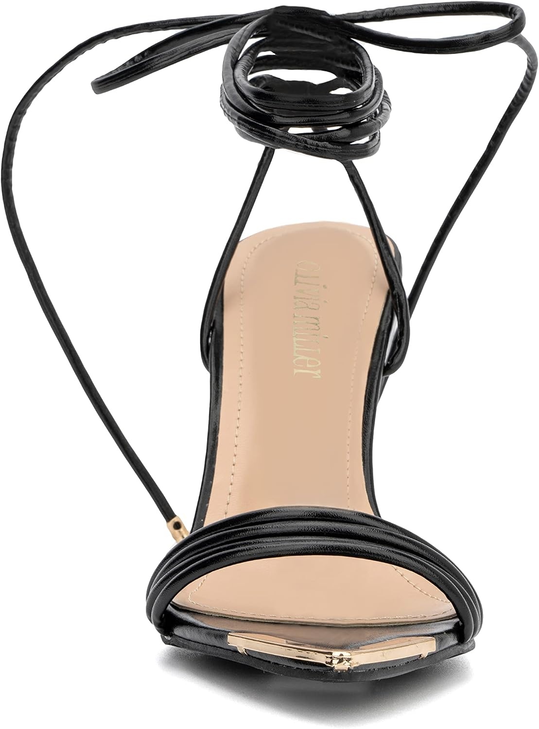 image:imageOlivia Miller Womens Fashion Ladies Shoes PU Vegan Leather w Ankle Lace Up Strap Trendy Party Single Strap Open Pointed Tip Toe Stiletto Slide On 4 Inch High Mid Heel SandalsBlack