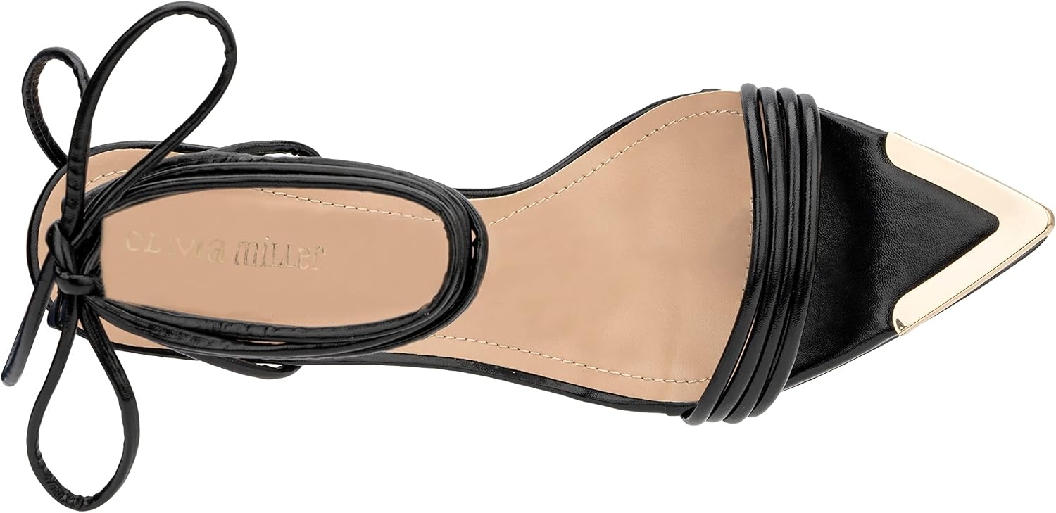 image:imageOlivia Miller Womens Fashion Ladies Shoes PU Vegan Leather w Ankle Lace Up Strap Trendy Party Single Strap Open Pointed Tip Toe Stiletto Slide On 4 Inch High Mid Heel SandalsBlack