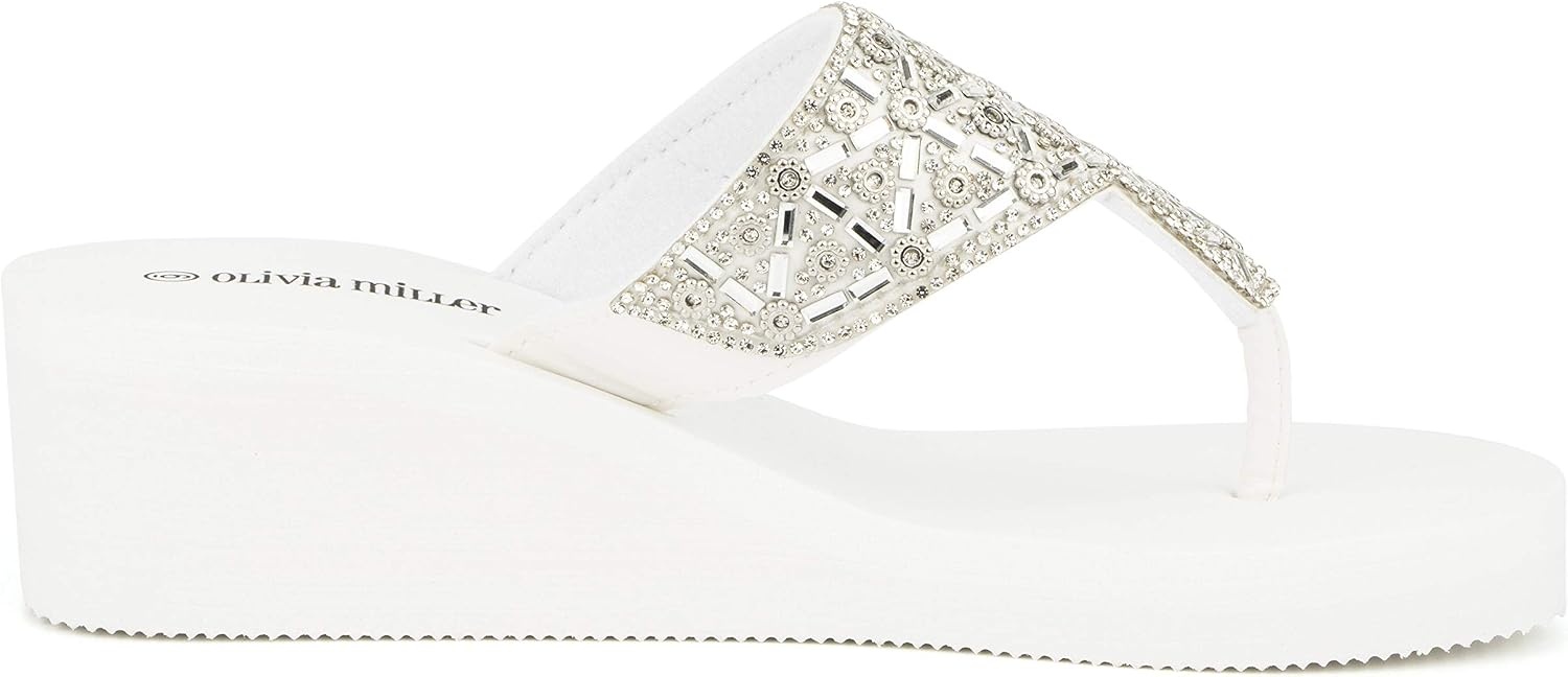 image:imageOlivia Miller Womens Fashion Ladies Shoes Batumi PU Vegan Leather amp Bling Rhinestones Flip Flops TStrap Thong Style Slip On Trendy Casual Dressy Summer Beach 2 Inch EVA Platform Wedge Slide Sandals