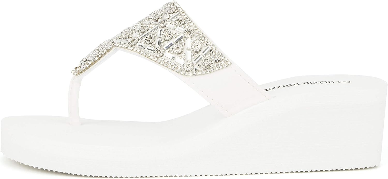 image:imageOlivia Miller Womens Fashion Ladies Shoes Batumi PU Vegan Leather amp Bling Rhinestones Flip Flops TStrap Thong Style Slip On Trendy Casual Dressy Summer Beach 2 Inch EVA Platform Wedge Slide Sandals