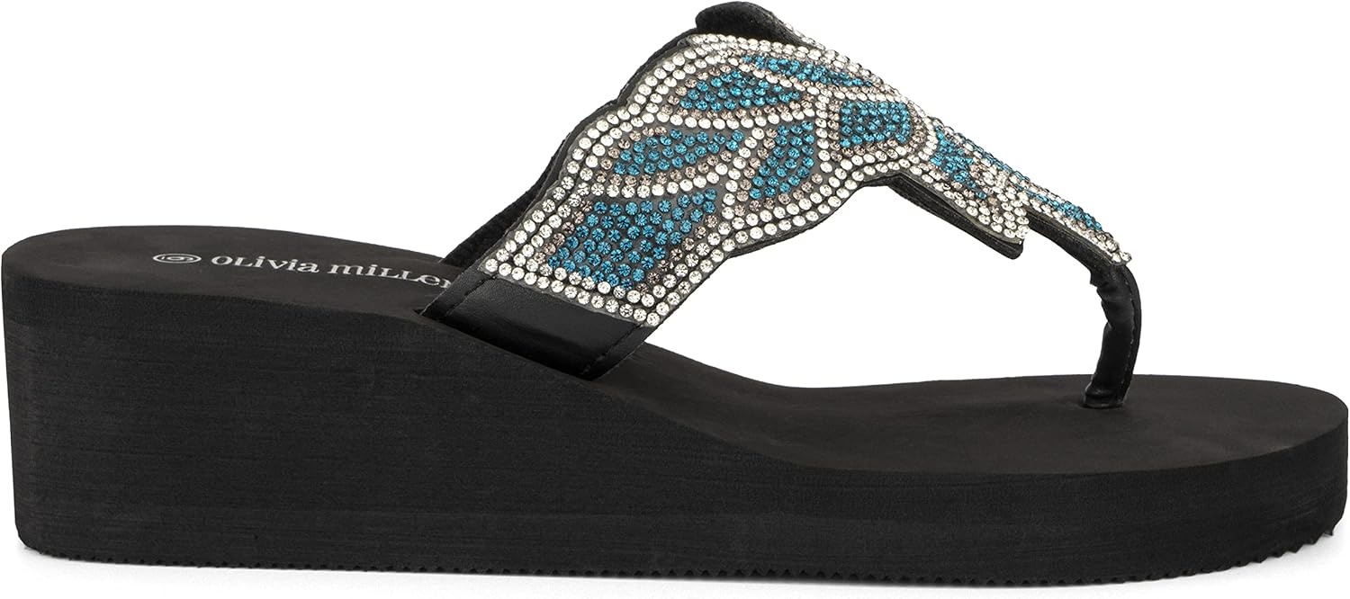 image:imageOlivia Miller Womens Fashion Ladies Shoes Gold Coast PU Vegan Leather Bling Floral Jewel Rhinestones Flip Flops TStrap Thong Style Slip On Casual Dressy Summer Beach 2 Inch EVA Platform Wedge Slide Sandals