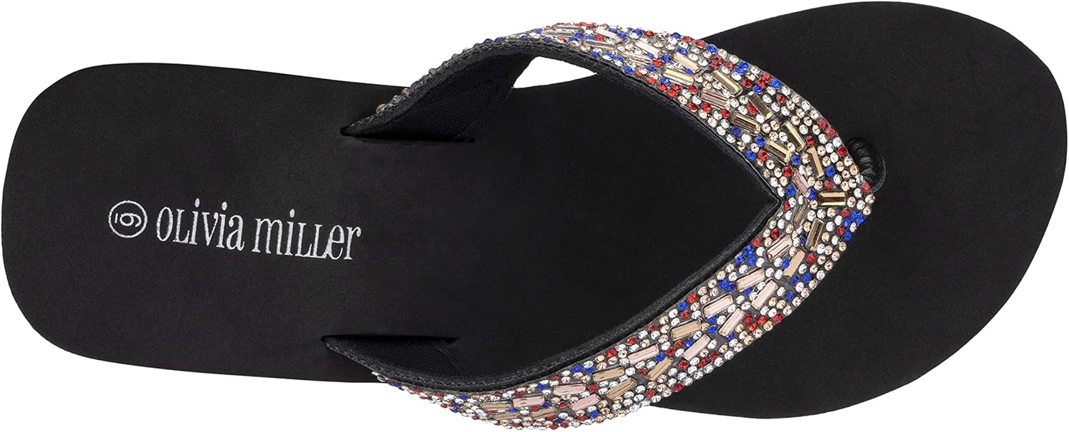 image:imageOlivia Miller Womens Fashion Ladies Shoes Miramar PU Vegan Leather Bling Sparkling Jewel Rhinestones Flip Flops TStrap Thong Style Slip On Casual Dressy Summer Beach 2 Inch EVA Platform Wedge Slide Sandals