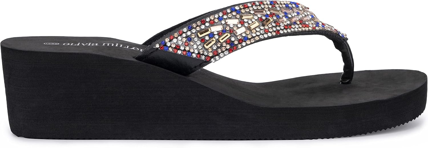 image:imageOlivia Miller Womens Fashion Ladies Shoes Miramar PU Vegan Leather Bling Sparkling Jewel Rhinestones Flip Flops TStrap Thong Style Slip On Casual Dressy Summer Beach 2 Inch EVA Platform Wedge Slide Sandals