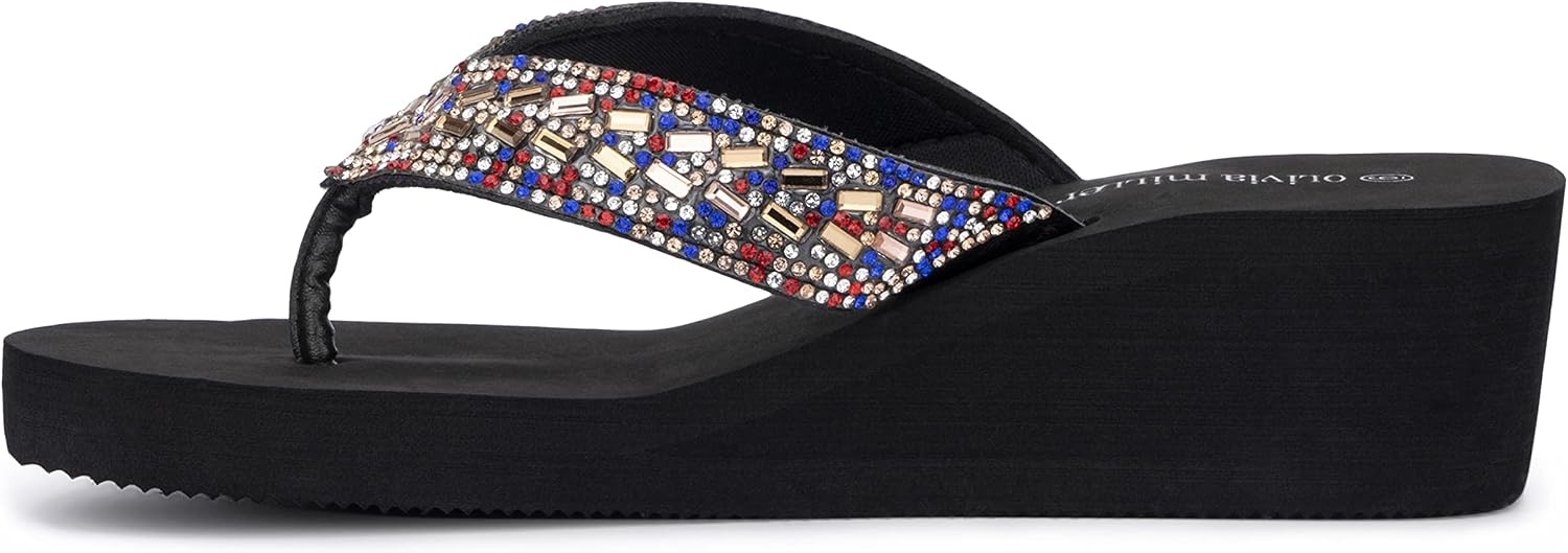 image:imageOlivia Miller Womens Fashion Ladies Shoes Miramar PU Vegan Leather Bling Sparkling Jewel Rhinestones Flip Flops TStrap Thong Style Slip On Casual Dressy Summer Beach 2 Inch EVA Platform Wedge Slide Sandals