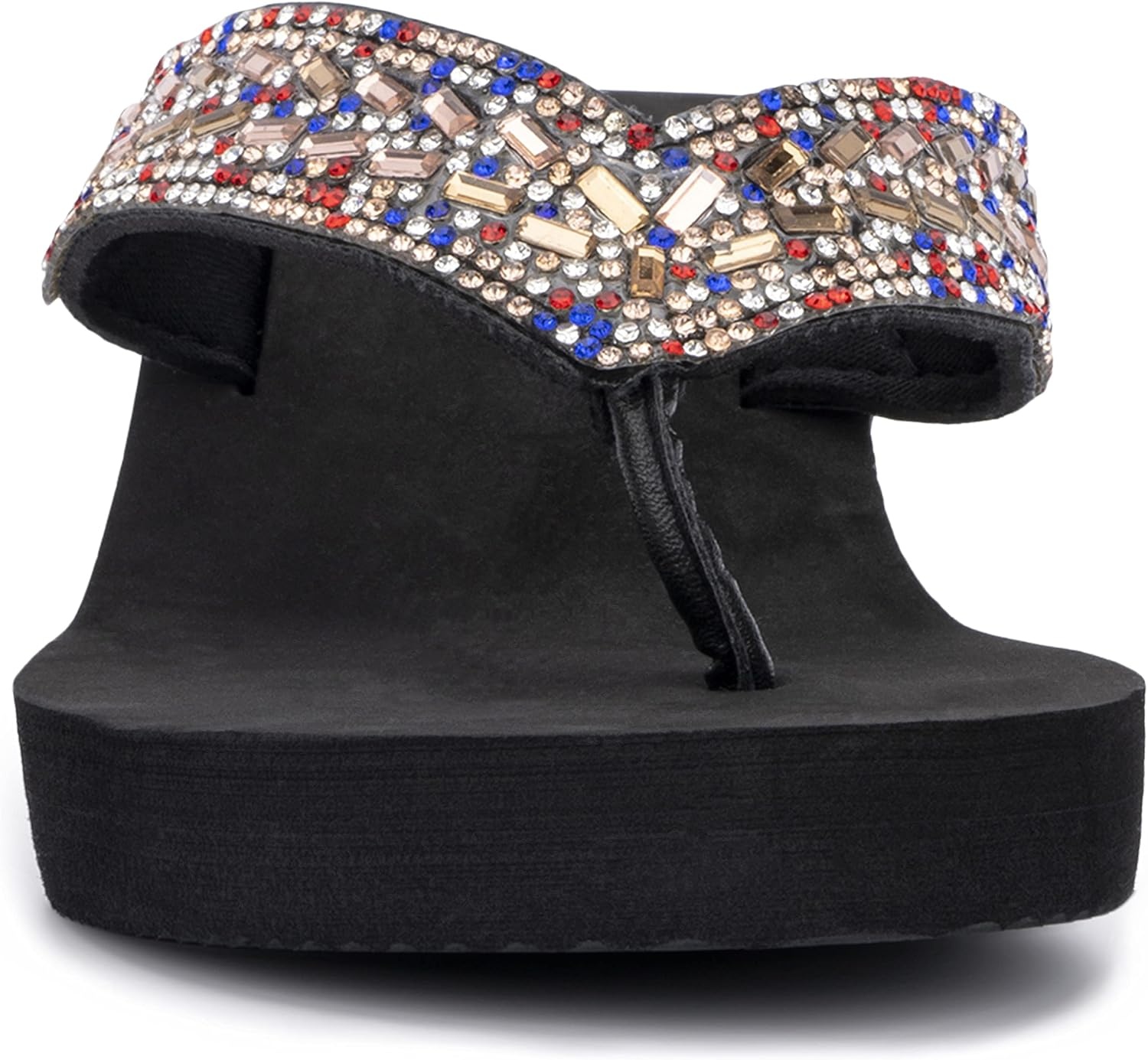 image:imageOlivia Miller Womens Fashion Ladies Shoes Miramar PU Vegan Leather Bling Sparkling Jewel Rhinestones Flip Flops TStrap Thong Style Slip On Casual Dressy Summer Beach 2 Inch EVA Platform Wedge Slide Sandals