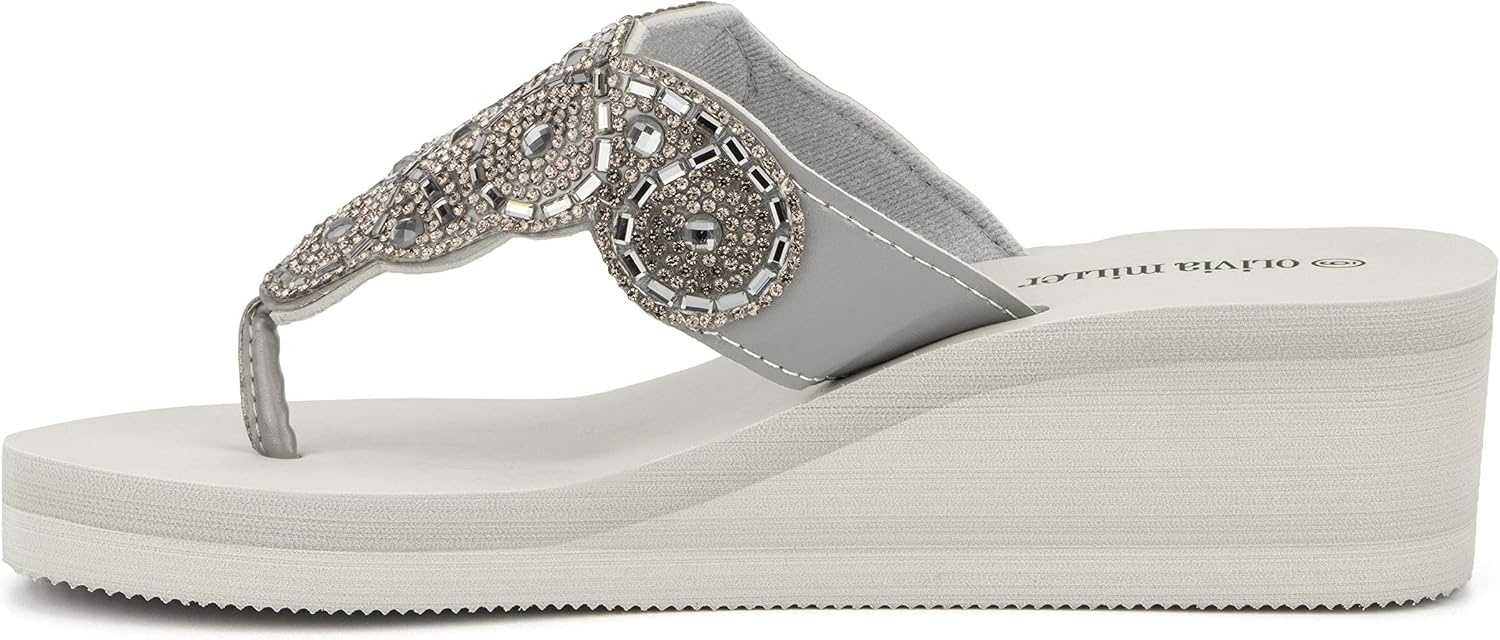 image:imageOlivia Miller Womens Fashion Ladies Shoes Olinda PU Vegan Leather Bling Sparkling Jewel Rhinestones Flip Flops TStrap Thong Style Slip On Casual Dressy Summer Beach 2 Inch EVA Platform Wedge Slide