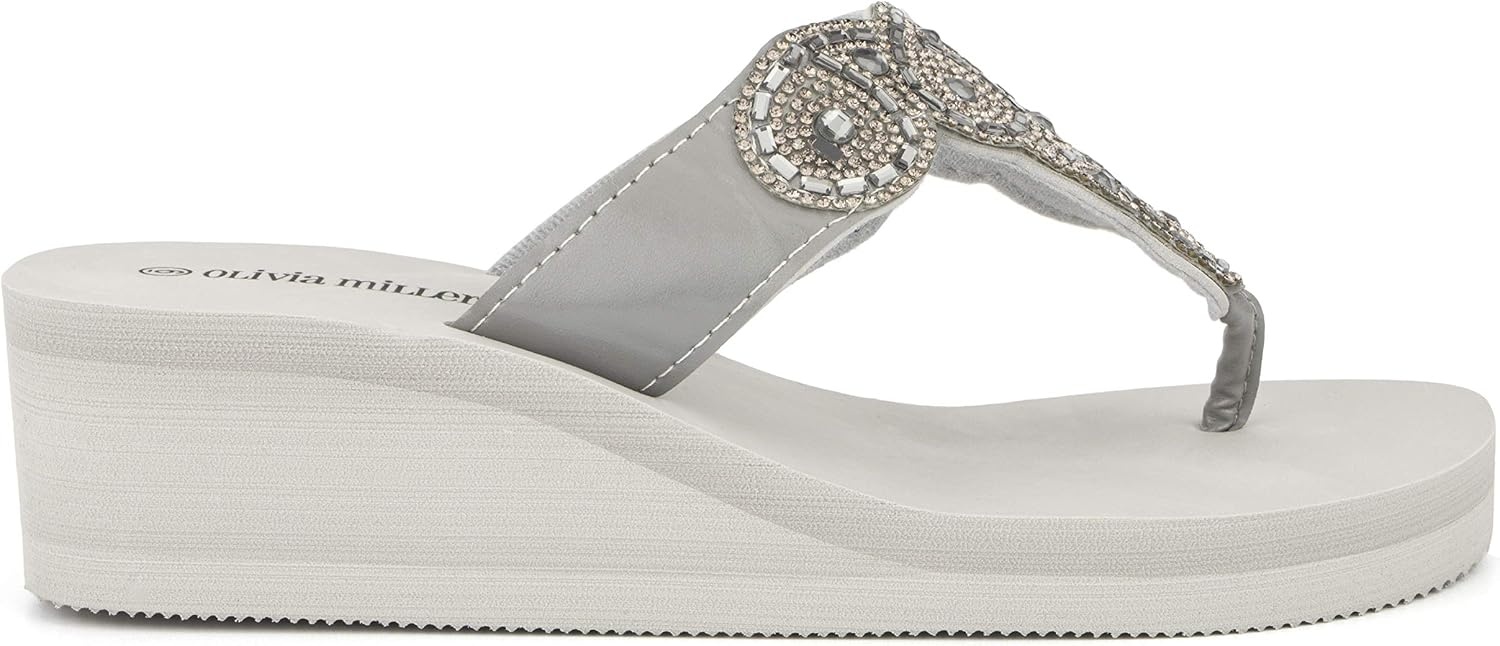 image:imageOlivia Miller Womens Fashion Ladies Shoes Olinda PU Vegan Leather Bling Sparkling Jewel Rhinestones Flip Flops TStrap Thong Style Slip On Casual Dressy Summer Beach 2 Inch EVA Platform Wedge Slide