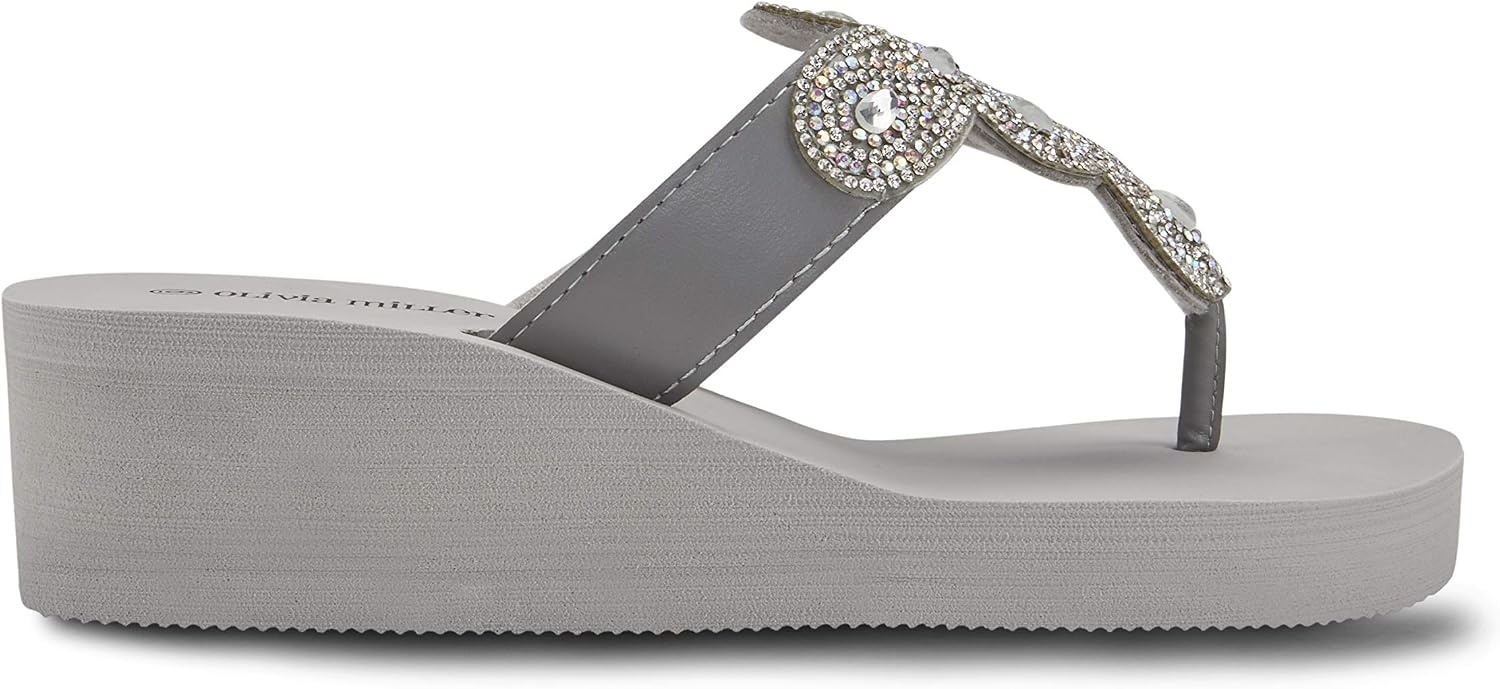 image:imageOlivia Miller Womens Fashion Ladies Shoes PU Vegan Leather Bling Sparkling Jewel Rhinestones Flip Flops TStrap Thong Style Slip On Casual Dressy Summer Beach 2 Inch EVA Platform Wedge Slide Sandals