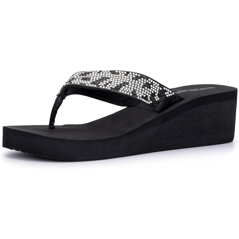 image:imageOlivia Miller Womens Fashion Ladies Shoes Avalon PU Vegan Leather Bling Sparkling Jewel Rhinestones Flip Flops TStrap Thong Style Slip On Casual Dressy Summer Beach 2 Inch EVA Platform