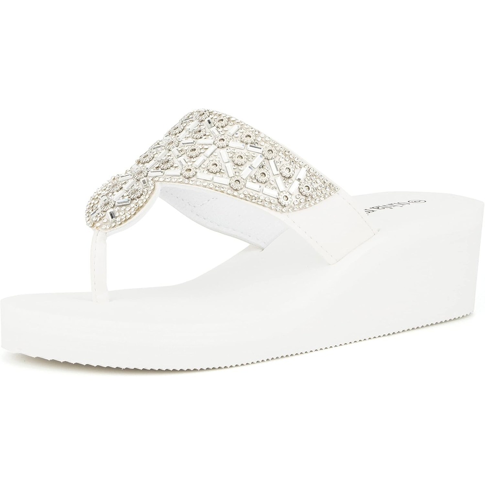 image:imageOlivia Miller Womens Fashion Ladies Shoes Batumi PU Vegan Leather amp Bling Rhinestones Flip Flops TStrap Thong Style Slip On Trendy Casual Dressy Summer Beach 2 Inch EVA Platform Wedge Slide Sandals