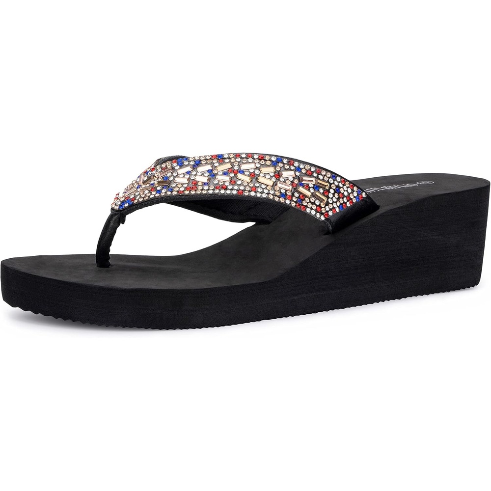 image:imageOlivia Miller Womens Fashion Ladies Shoes Miramar PU Vegan Leather Bling Sparkling Jewel Rhinestones Flip Flops TStrap Thong Style Slip On Casual Dressy Summer Beach 2 Inch EVA Platform Wedge Slide Sandals