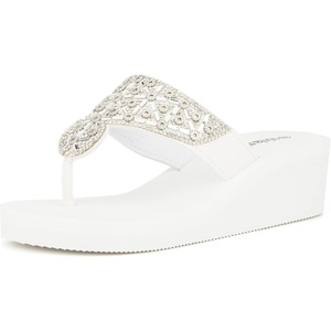 Olivia Miller Women’s Fashion Ladies Shoes, Batumi PU Vegan Leather & Bling Rhinestones Flip Flops T-Strap Thong Style Slip On Trendy Casual Dressy Summer Beach 2 Inch EVA Platform Wedge Slide Sandals