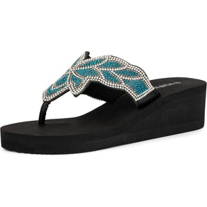 Olivia Miller Women’s Fashion Ladies Shoes, Gold Coast PU Vegan Leather Bling Floral Jewel Rhinestones Flip Flops T-Strap Thong Style Slip On Casual Dressy Summer Beach 2 Inch EVA Platform Wedge Slide Sandals