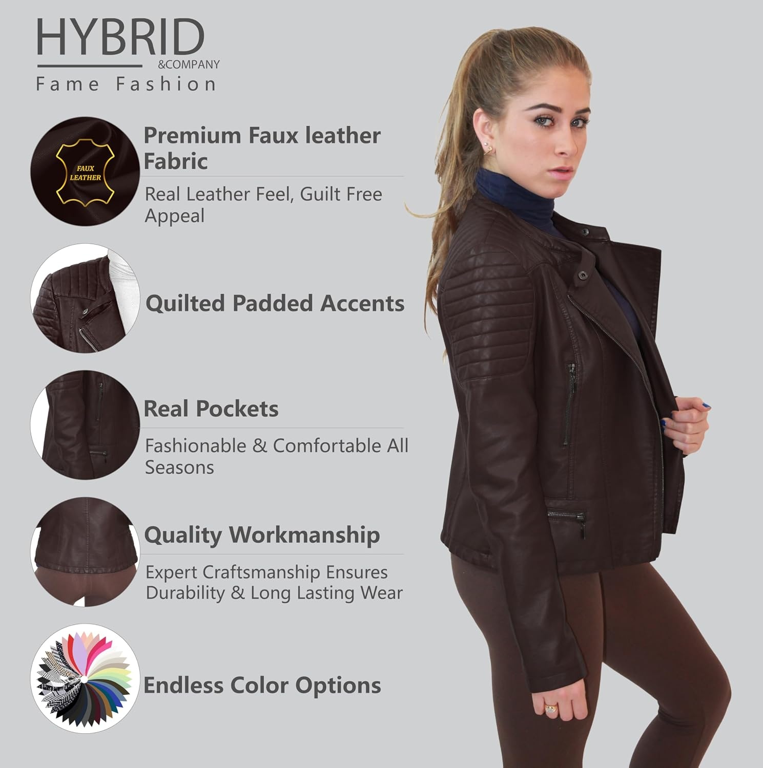 image:imageOlivia Miller Womens Faux Leather Moto JacketBrown
