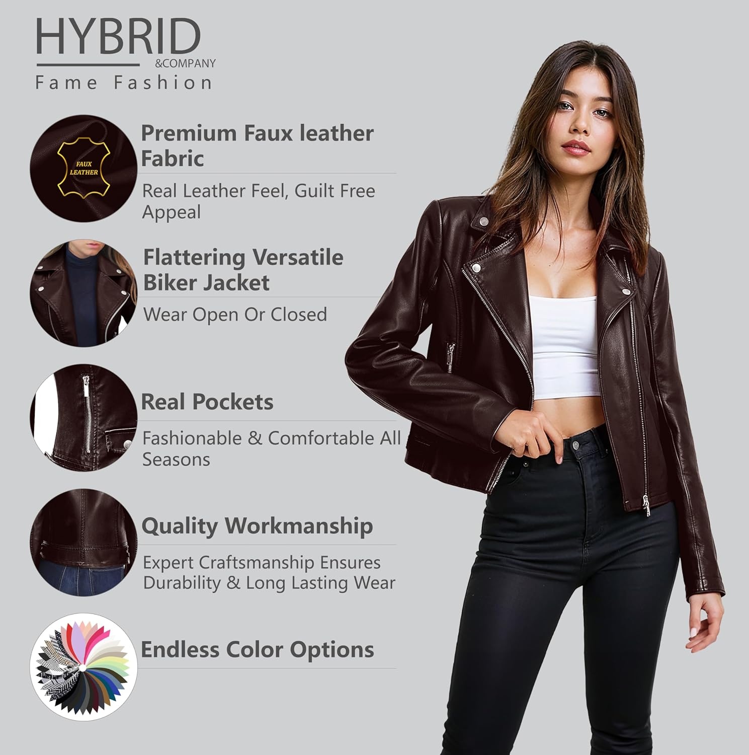 image:imageOlivia Miller Womens Faux Leather Moto JacketJk5208brown
