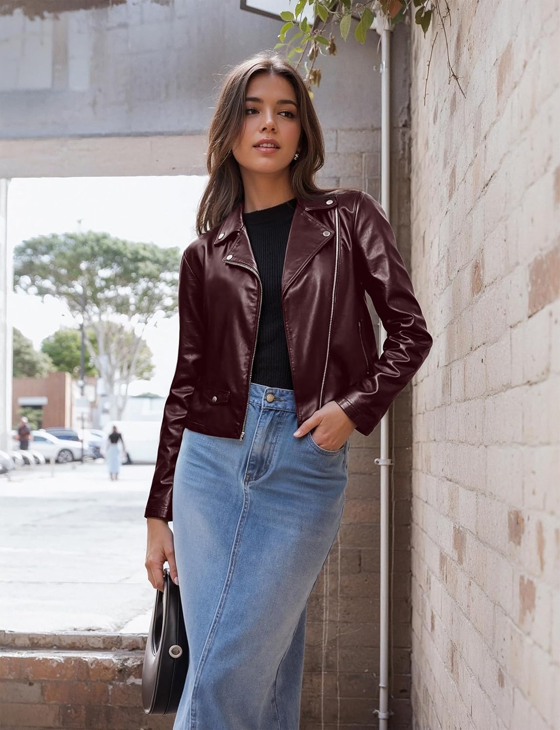 image:imageOlivia Miller Womens Faux Leather Moto JacketJk5208burgundy
