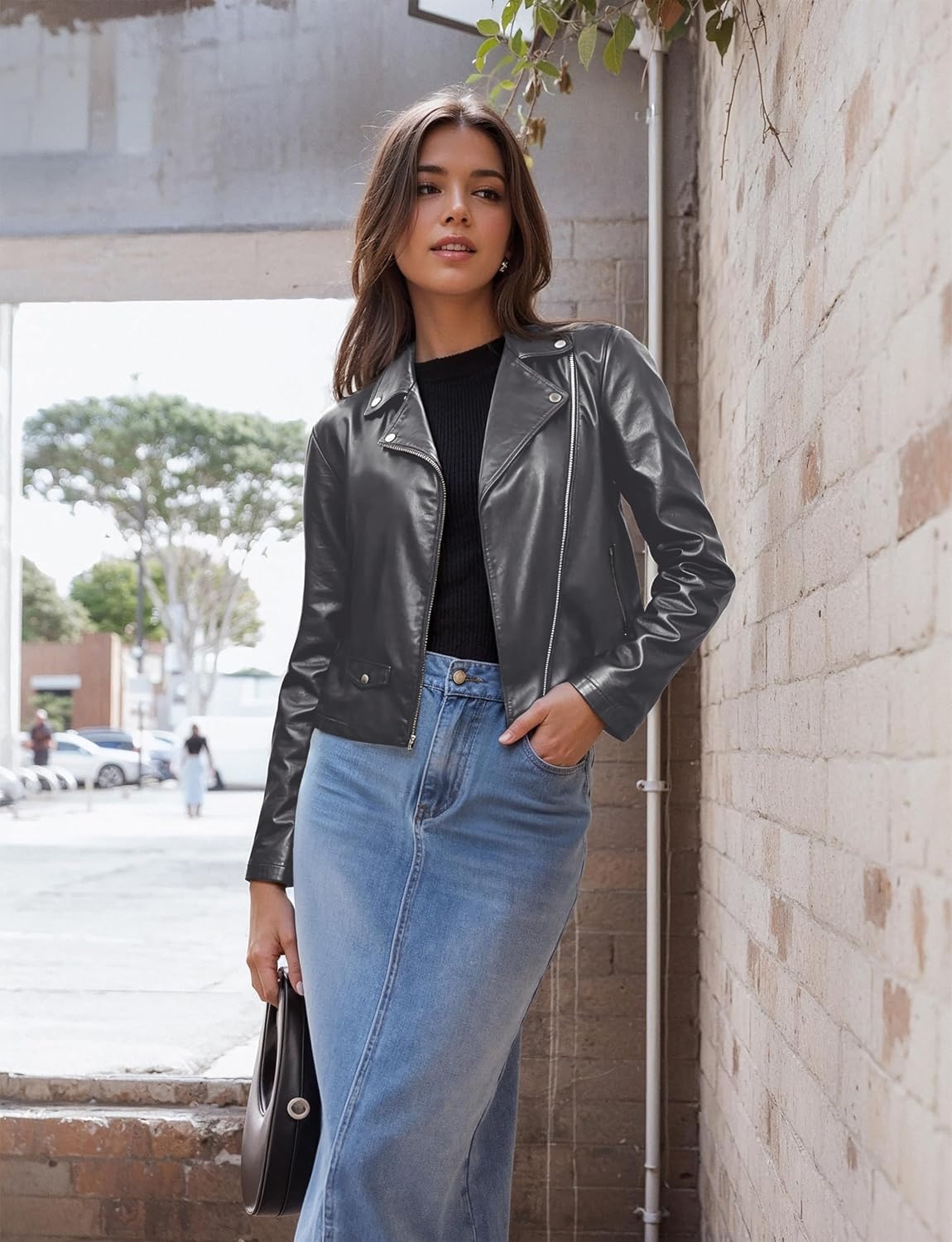 image:imageOlivia Miller Womens Faux Leather Moto JacketJk5208gray