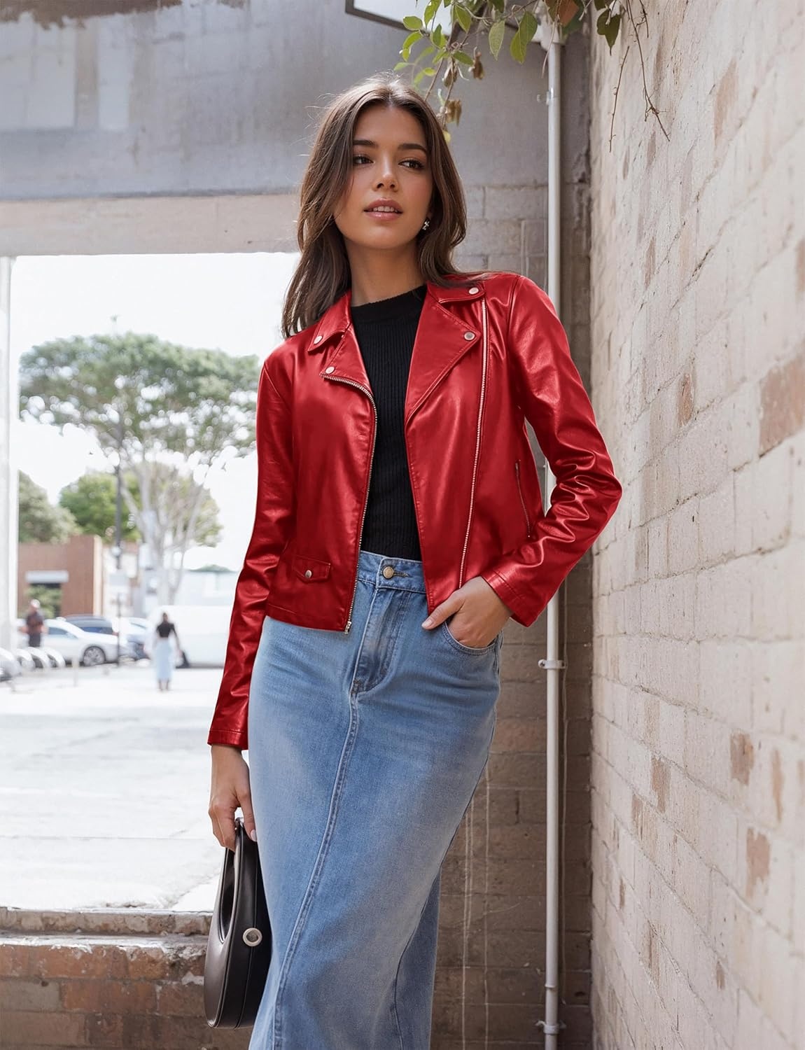 image:imageOlivia Miller Womens Faux Leather Moto JacketJk5208red