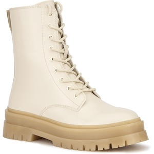Olivia Miller Women’s Fashion Shoes, Vegan PU Leather Lug Sole Lace Up Chunky Heel Round Toe Casual Bootie Ankle Combat Boots(Natural Nude/Beige)